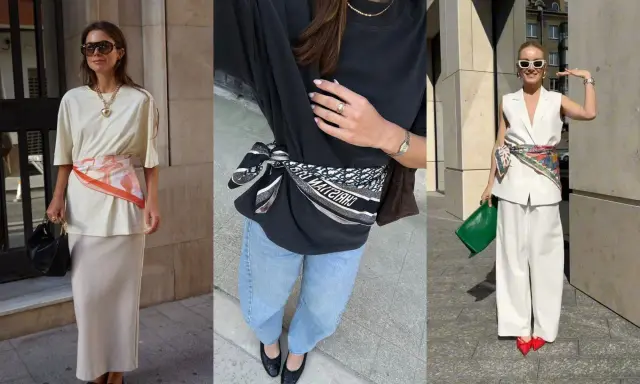 Tres mujeres lucen un foulard Bassetti atado a la cintura, aportando un toque de color y estilo a sus atuendos.