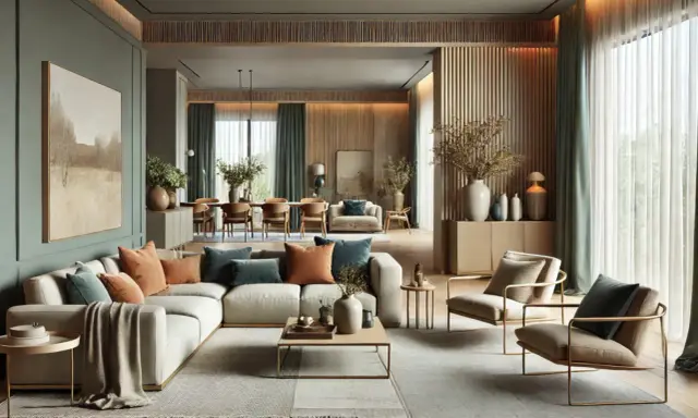 Elegante salón con sofás blancos y cojines en tonos tierra y verde azulado. Paredes en verde salvia, inspirando colores de moda para pintar casa.