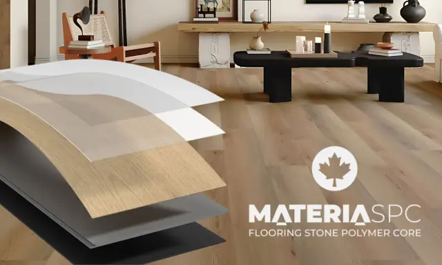 Capa de suelo vinílico SPC con textura de madera, mostrando sus capas de construcción.