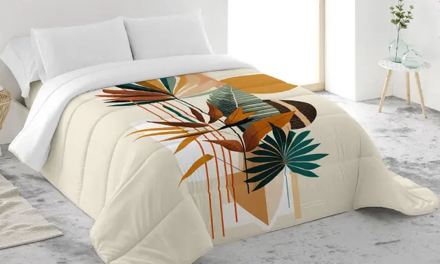 Edredón antilo con estampado botánico abstracto en tonos tierra y verdes. Un toque natural y moderno para tu dormitorio.