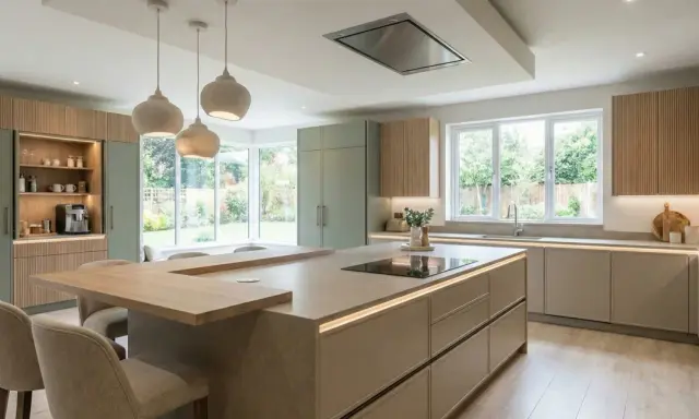 Cocina moderna con isla central, gabinetes verdes y de madera, perfecta para reformar cocina sin obras.