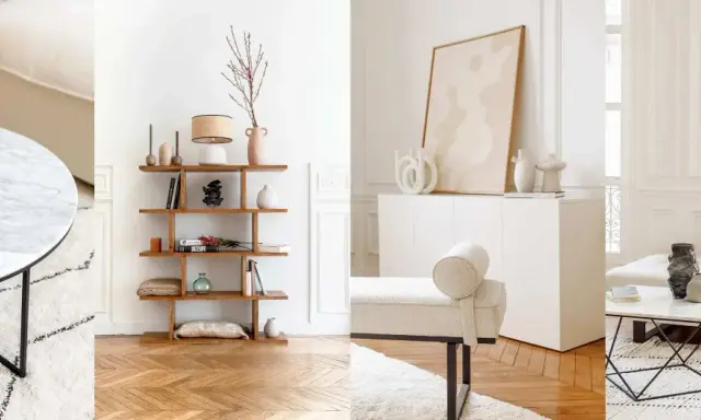 Estancias luminosas con muebles modernos y decorativos sobre una **pared blanca**. Jarrones, libros y arte añaden estilo.