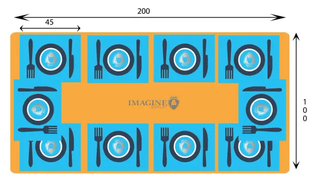 Diagrama de mesa de comedor para 4 personas, con medidas de 200x100 cm. Cada puesto incluye plato, tenedor y cuchillo.