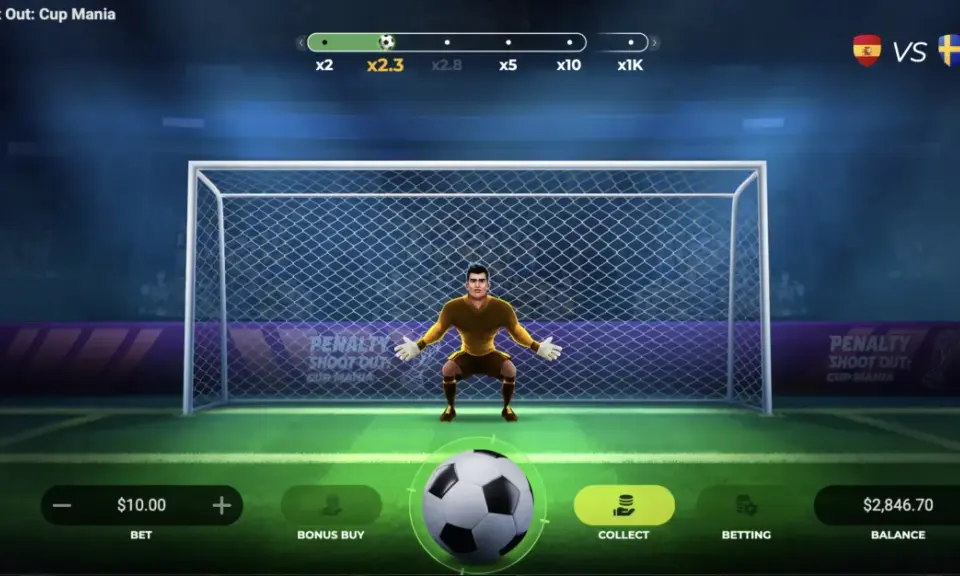 Modo demo de Penalty Shoot Out de Evoplay: para qué sirve. Pantalla de juego de fútbol con portero, balón y opciones de apuesta.