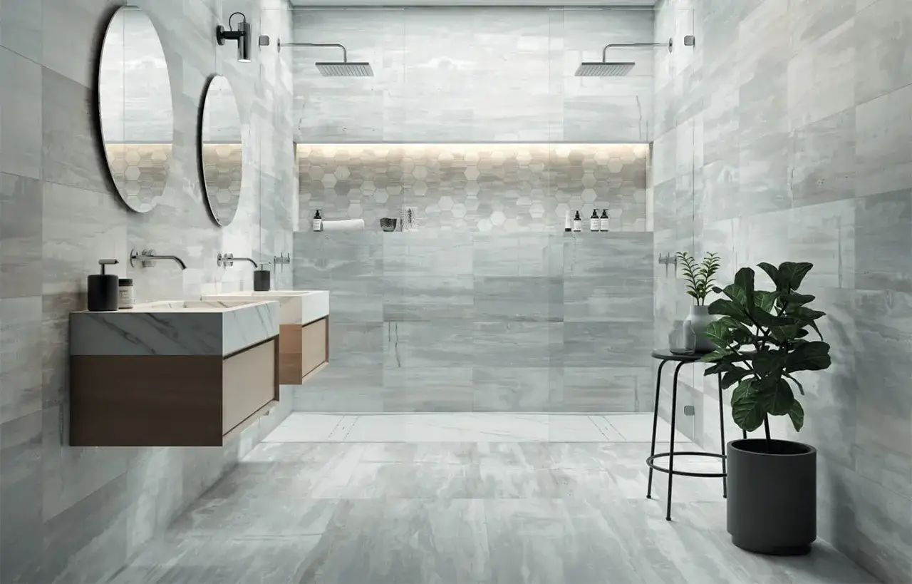 Modern bathroom with dual, duchas de obra a ras de suelo fotos. Floating vanities and large format tiles create a spa-like feel.