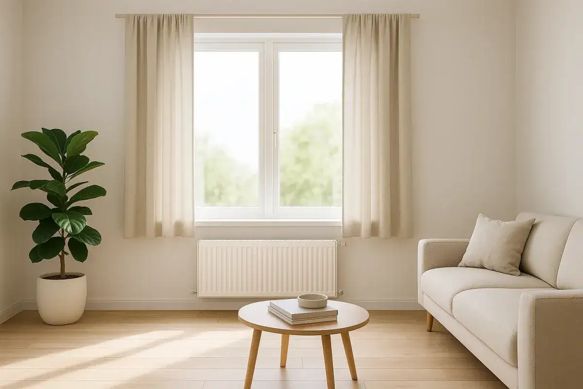 Cortinas beige cuelgan sobre un radiador blanco. Un sofá y una planta de interior completan la escena.