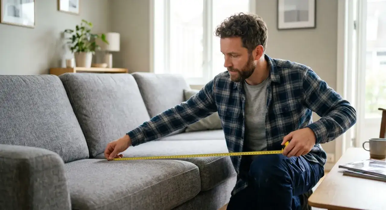 Hombre midiendo un sof&aacute; cheslong gris. Las medidas son importantes para asegurar que encaje perfectamente en tu sal&oacute;n.