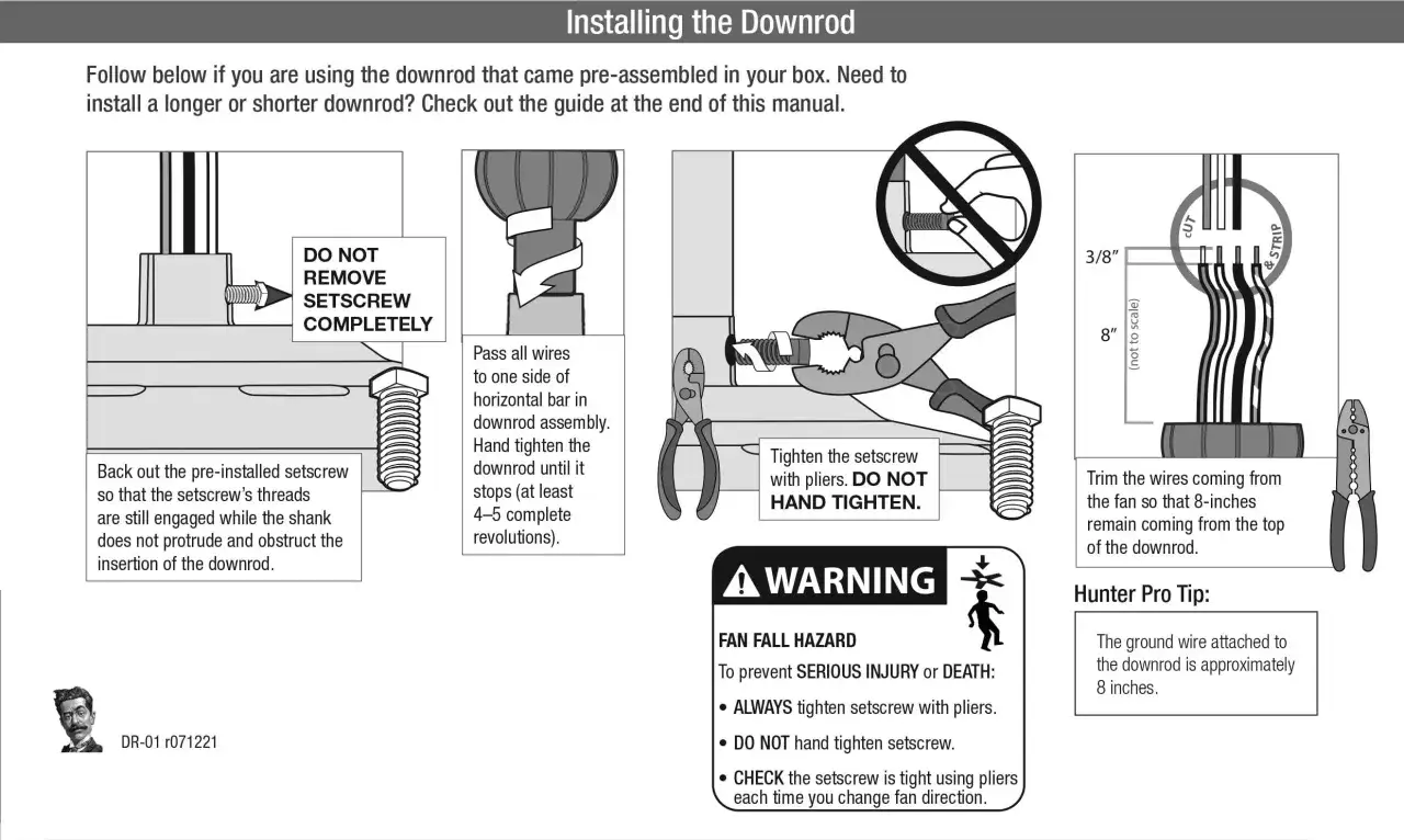 Instrucciones para instalar ventilador de techo: aflojar tornillo, pasar cables, apretar con alicates. &iexcl;No apretar a mano!