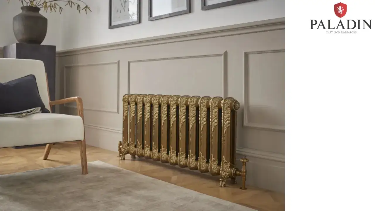 Radiador de hierro fundido dorado con intrincados detalles, ideal para pintar radiadores y dar un toque clásico a tu hogar.