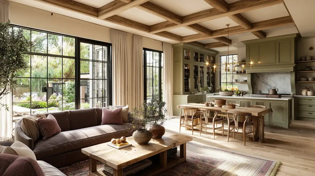 Sal&oacute;n y cocina de estilo cottagecore con vigas de madera, sof&aacute; marr&oacute;n, mesa de comedor r&uacute;stica y armarios verdes.