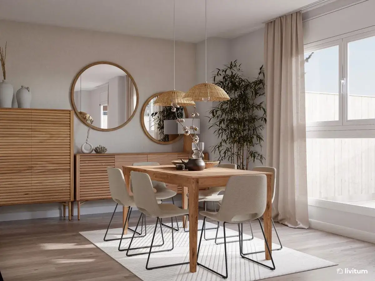 Comedor moderno con mesa de madera, sillas beige y lámpara colgante de mimbre. La altura de la lámpara sobre la mesa comedor es perfecta.