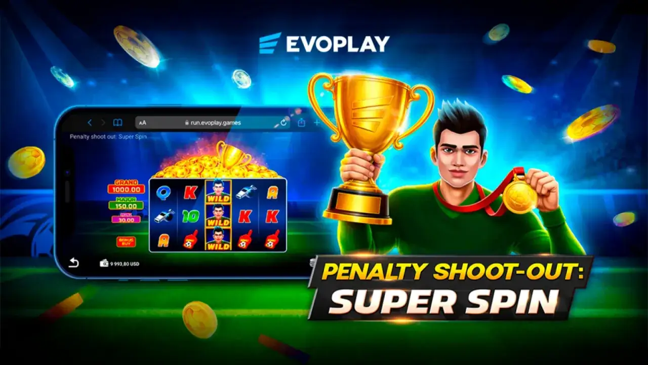 Modo demo de Penalty Shoot Out de Evoplay: para qué sirve. Un jugador celebra con trofeo y medalla, mientras se muestra el juego en un móvil.