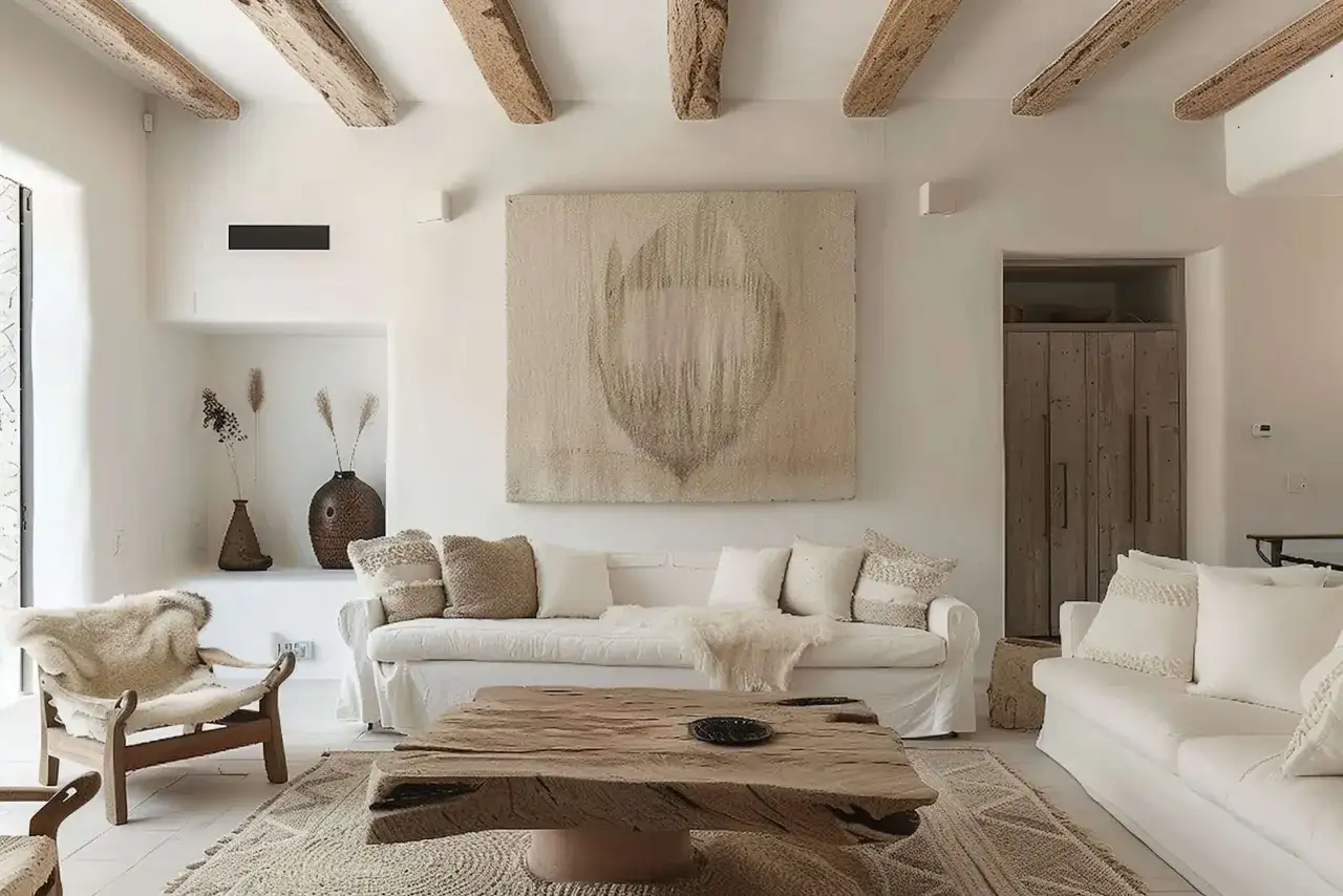 Salón acogedor con vigas de madera, sofás blancos y mesa de centro rústica. El arte de pared y los textiles crean un ambiente de estilo ibicenco.