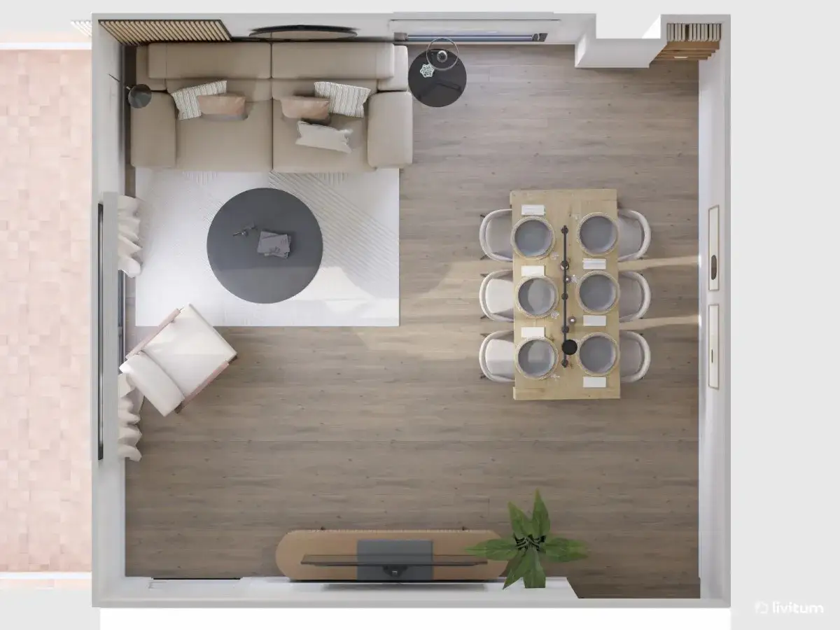 Vista aérea de un salón-comedor moderno. El salón tiene un sofá en L, mesa de centro redonda y sillón. El comedor, con mesa de madera y seis sillas, se ubica junto a la ventana. Las medidas del salón son ideales para esta distribución.