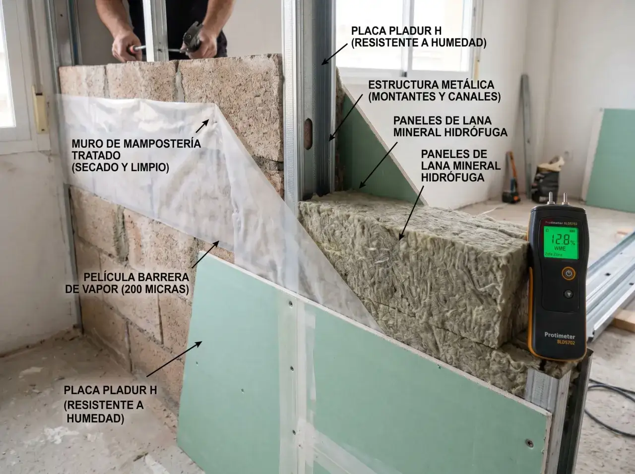 Detalle de aislamiento para aislar paredes interiores humedad: muro, barrera de vapor, lana mineral hidrófuga y placa Pladur H.