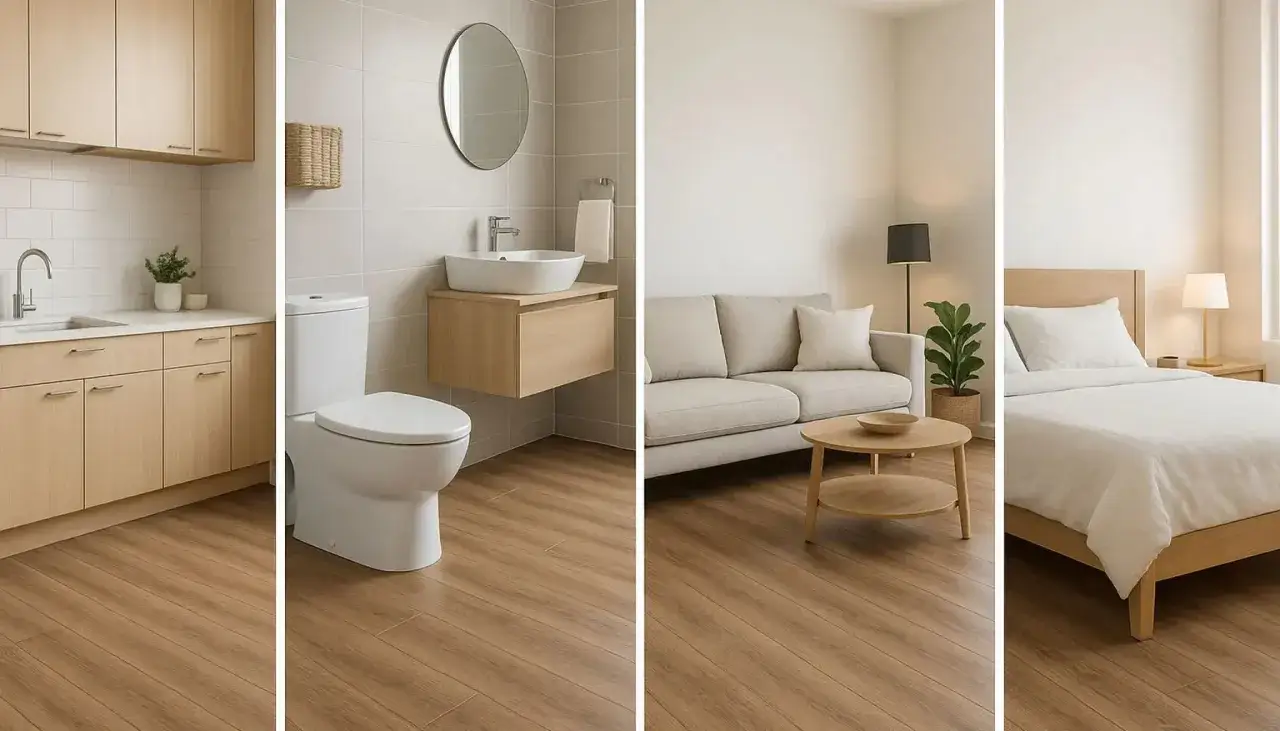 Cocina, baño, salón y dormitorio con suelo vinílico SPC de madera clara.