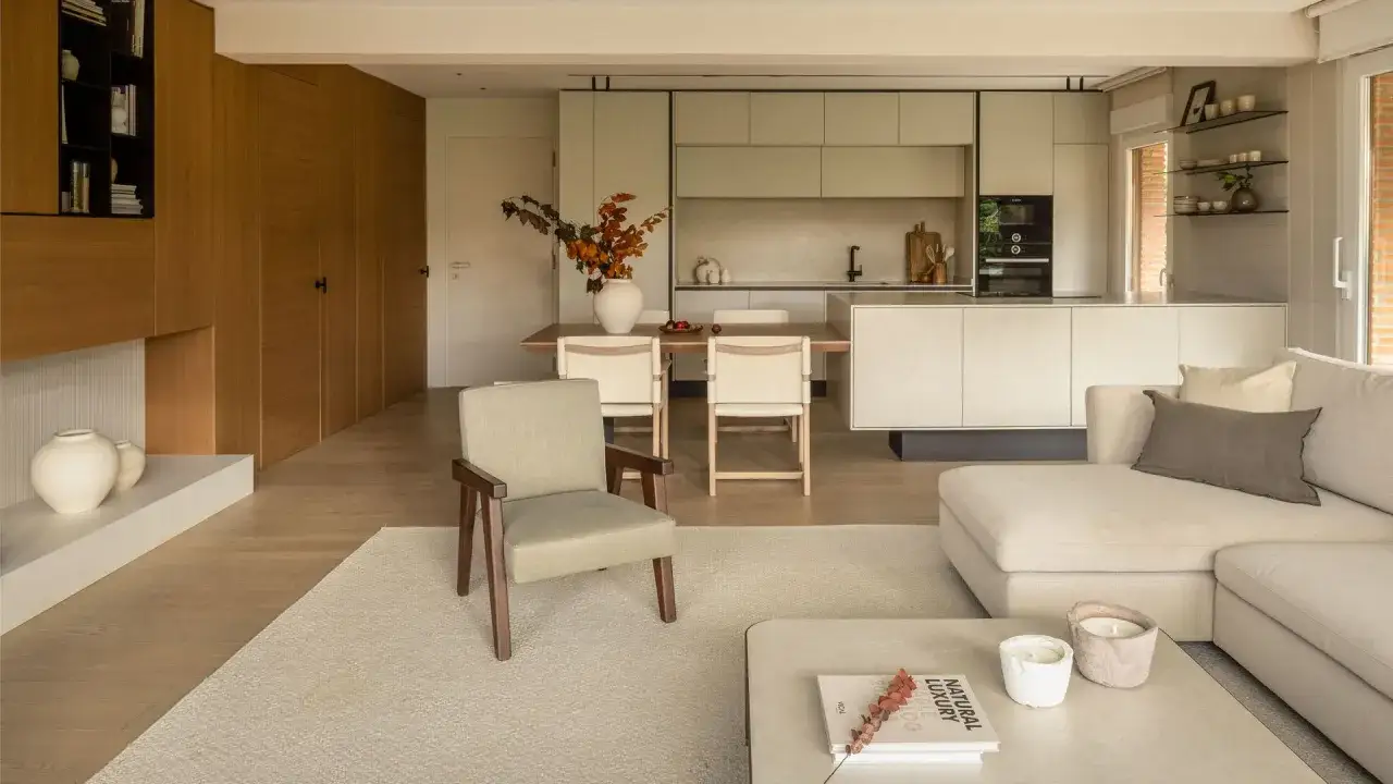 Un sal&oacute;n-comedor moderno y luminoso, obra de una arquitecta de interiores, con cocina integrada, muebles de madera y tonos neutros.