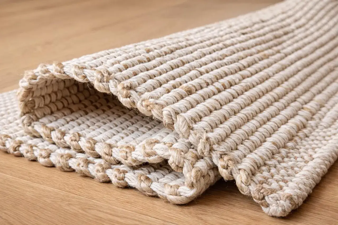 Detalle de una alfombra de algodón enrollada, mostrando su textura tejida y bordes trenzados sobre un suelo de madera.