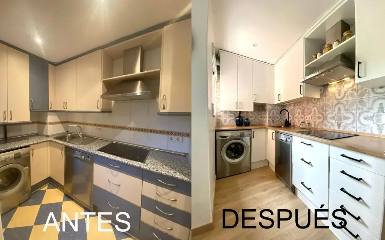Cocina antes y despu&eacute;s. Se pint&oacute; el m&aacute;rmol de la cocina para darle un aspecto moderno y renovado.
