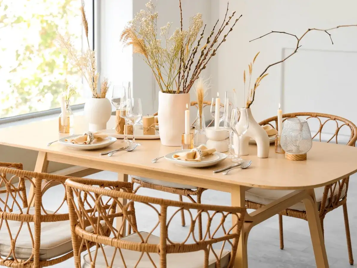 Elegantes centros de mesa modernos con jarrones de cerámica, velas y arreglos de hierbas secas sobre una mesa de madera.