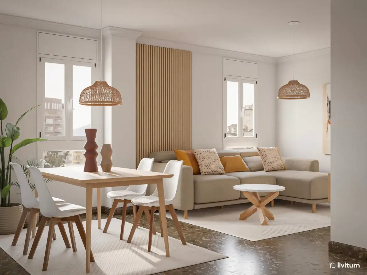 Salón estilo nórdico con sofá beige, mesa de madera y sillas blancas. Pared con lamas de madera y lámparas de mimbre.