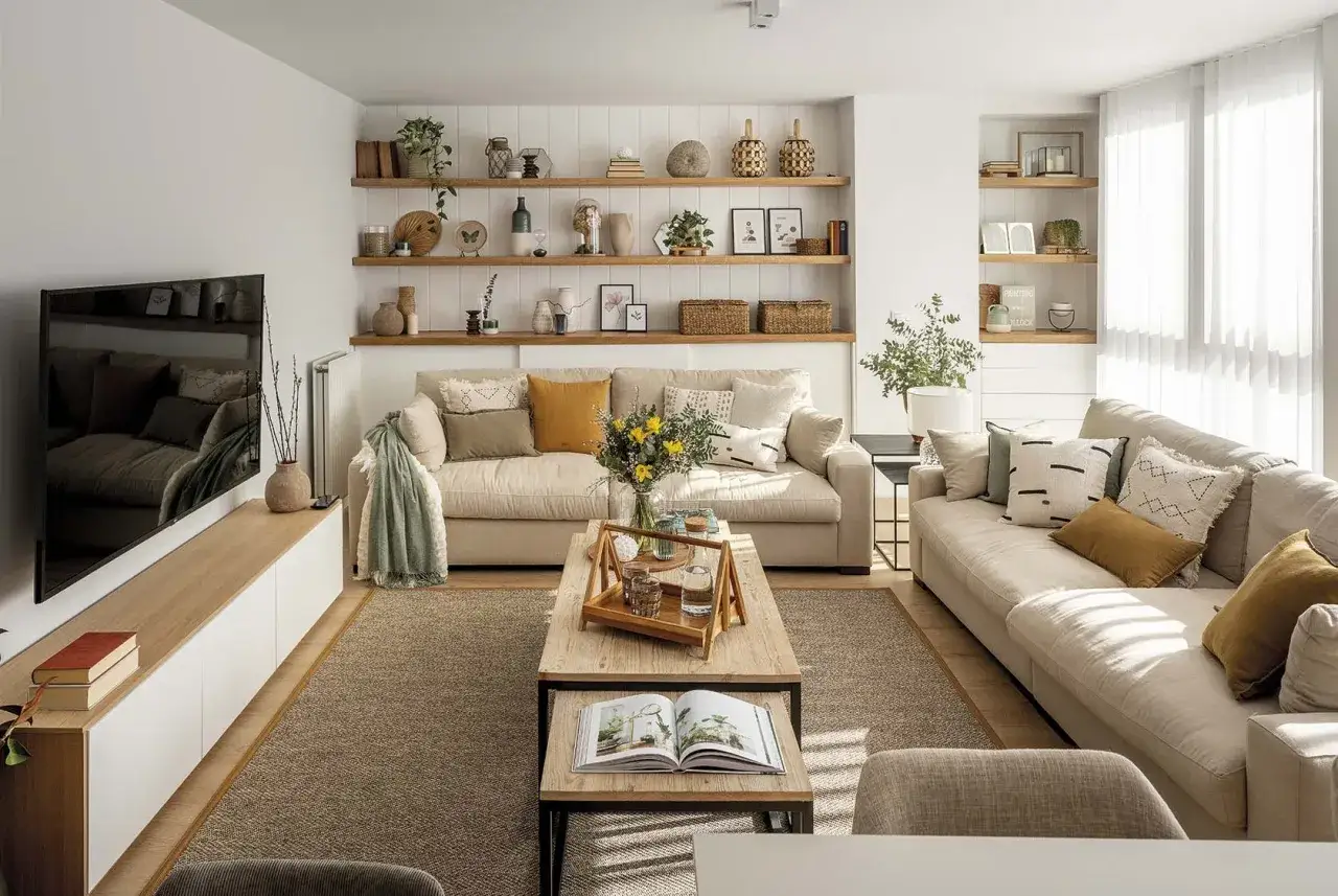 Acogedora decoracion salon con sofás claros, mesas de madera y estanterías llenas de objetos decorativos.