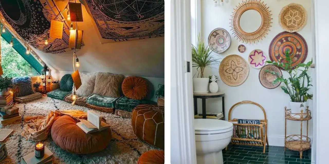 Rinc&oacute;n acogedor de una casa boho chic con cojines, alfombra mullida y tapiz celestial. Ba&ntilde;o con decoraci&oacute;n de mimbre y plantas.