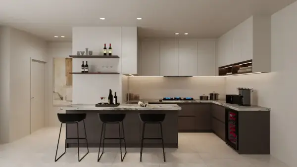 Elegantes diseños cocinas con isla, barra de desayuno, vinoteca y electrodomésticos modernos.