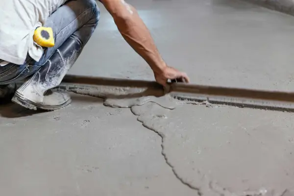 Obrero con botas de goma y cinta métrica en el bolsillo, usando una regla para nivelar suelo de cemento fresco.