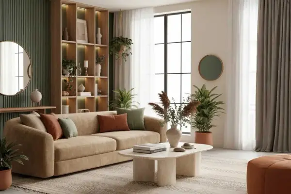 Sofá beige con cojines color terracota y verde, mesa de centro ovalada con libros y jarrones, y estanterías llenas de objetos decorativos, creando centros de mesa modernos.
