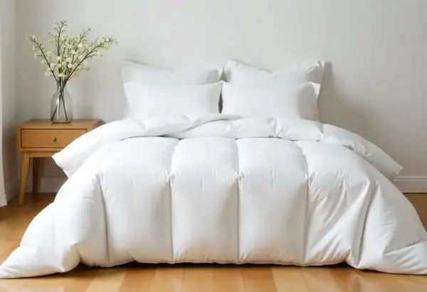 Cama impecable con edredón plumón oca blanco y cojines. Un jarrón con flores decora la mesita de noche.