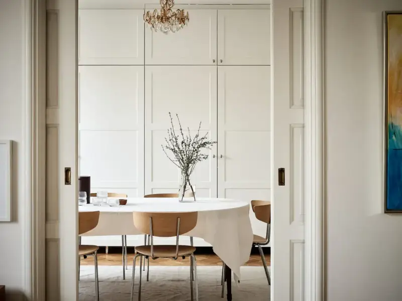 Comedor con mesa cubierta, sillas de madera y una pared en blanco RAL 9010. Un jarrón con ramas decora la mesa.