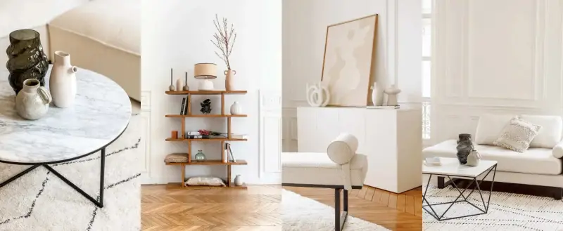Estancias luminosas con muebles modernos y decorativos sobre una **pared blanca**. Jarrones, libros y arte añaden estilo.